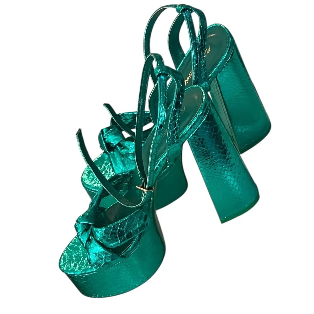 Public Desire x ASOS Leo Metallic Green Platform Heels Strappy Chunky Party Sz 9